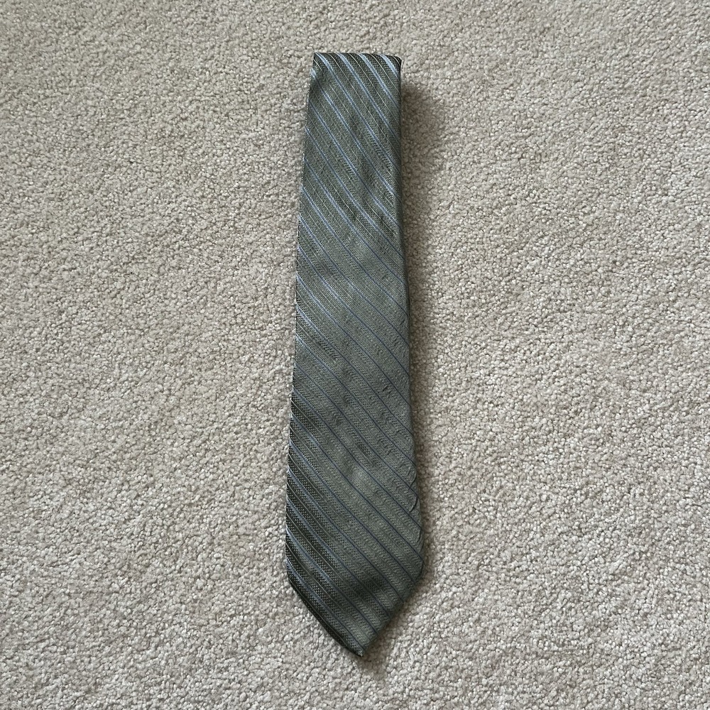 Claiborne Mens Silk Necktie Sage Green Blue Diagonal Striped Hand Sewn Business